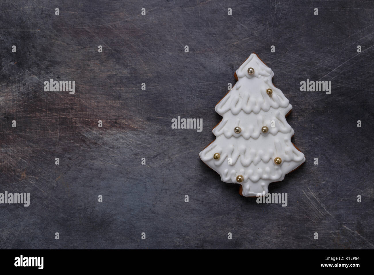 Gingerbread cookies tree on dark background, copyspace Stock Photo