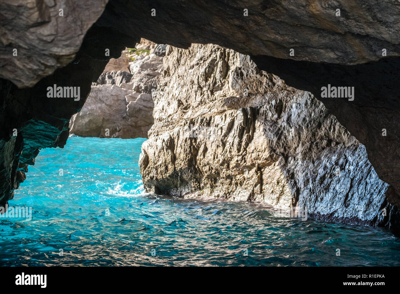 The Green Grotto (also known as The Emerald Grotto), Grotta Verde, on the coast of the island of Capri in the Bay of Naples, Italy. Stock Photo