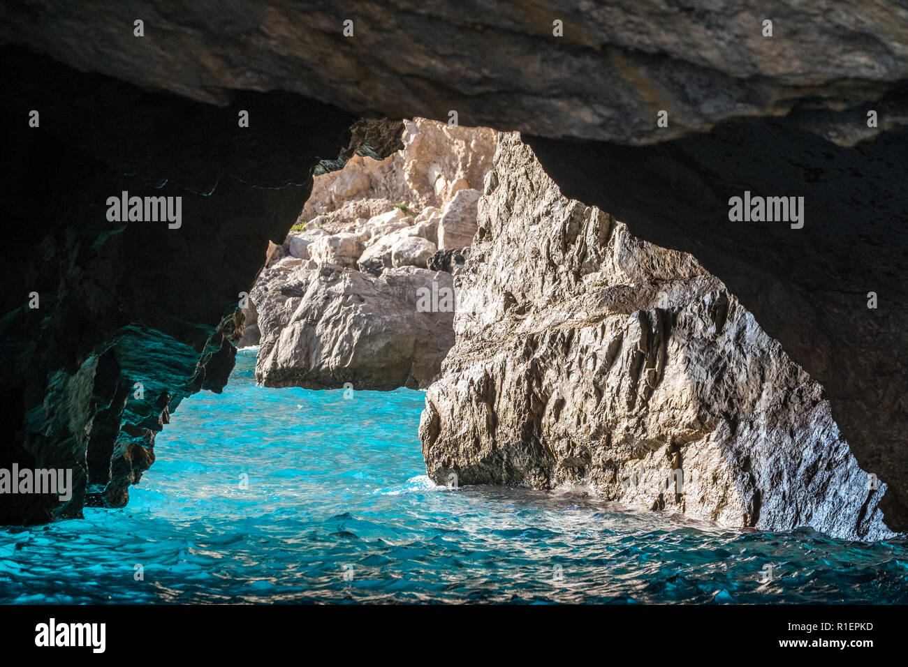 The Green Grotto (also known as The Emerald Grotto), Grotta Verde, on the coast of the island of Capri in the Bay of Naples, Italy. Stock Photo