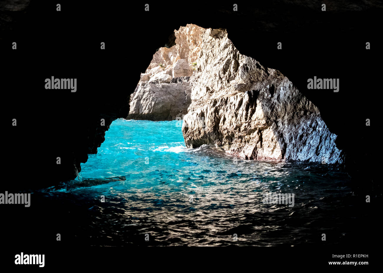 The Green Grotto (also known as The Emerald Grotto), Grotta Verde, on the coast of the island of Capri in the Bay of Naples, Italy. Stock Photo