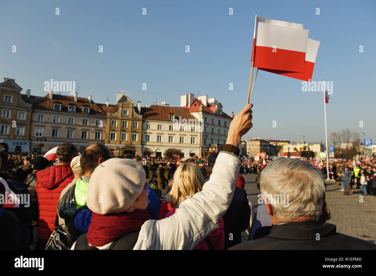 11.11.2018, Lublin: Woman waving the Polish flag during the celebration ...