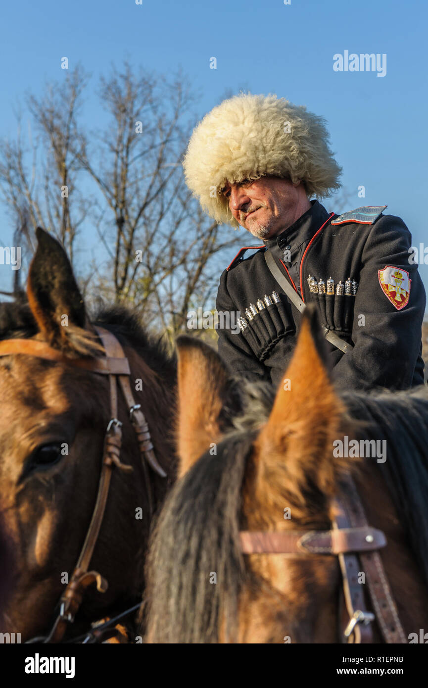 Commander of the Polish Cossack military unit on his horse Stock Photo