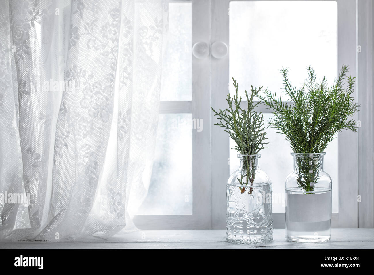 Fir branch in vase near window.Christmas decoration Stock Photo