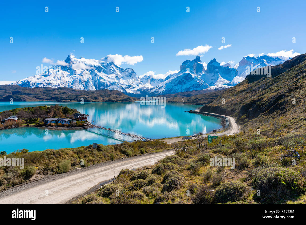 Mountains and lake in Torres del Paine National Park in Chile Stock Photo