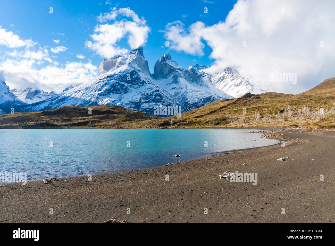 Cuernos del Paine mountains in Torres del Paine National Park in Chile Stock Photo