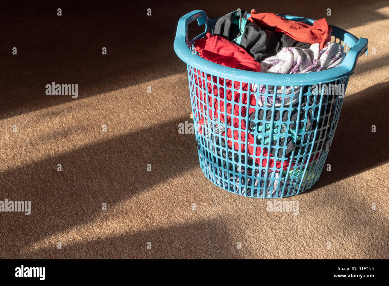 Freshly laundered clothing items inside a blue plastic clothes basket standing in the sunlight on a brown carpet Stock Photo