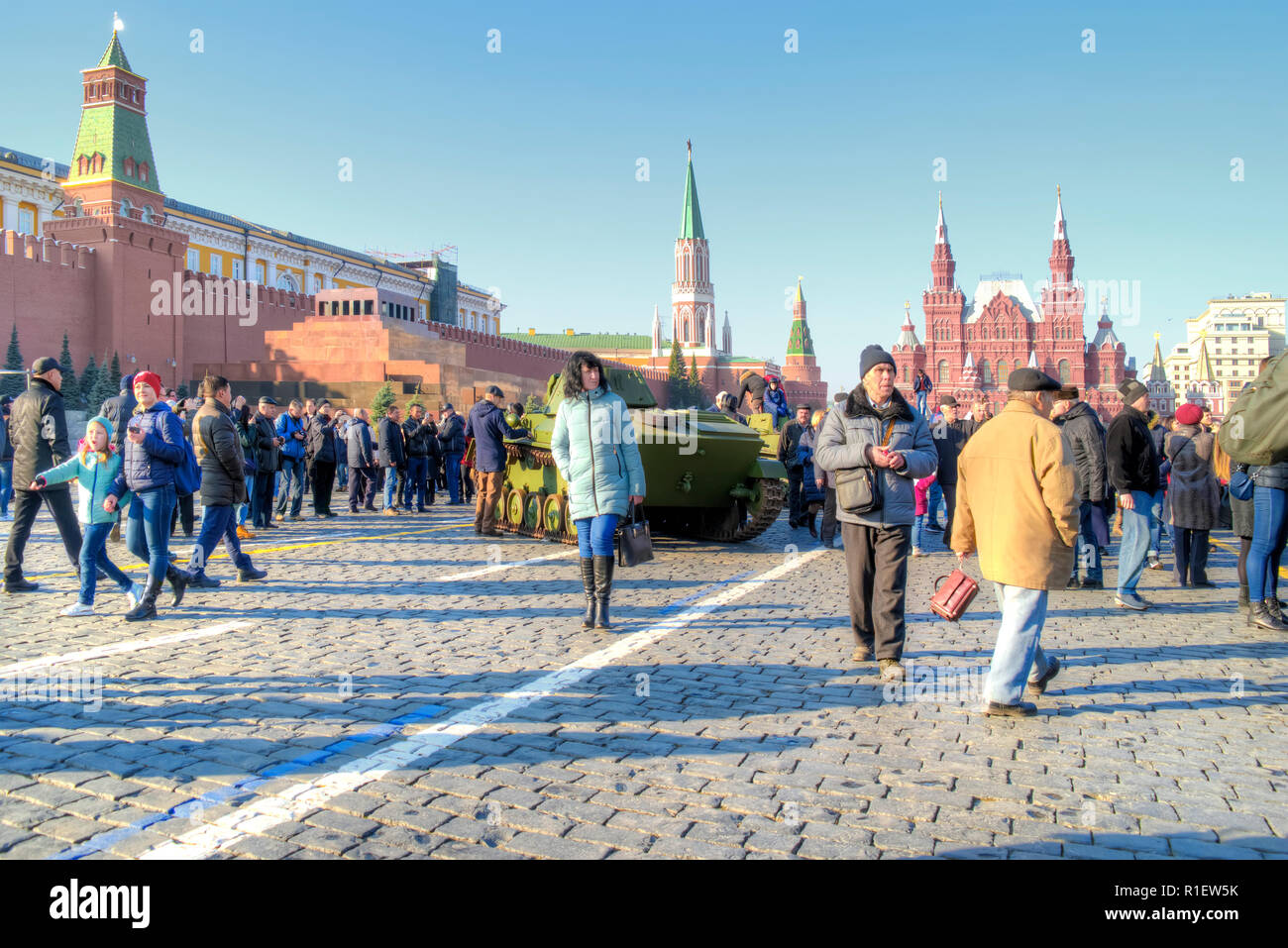 MOSCOW, RUSSIA - November 07.2018: People in Red Square are considering the old military armored vehicles exposed after the parade on November 7 Stock Photo