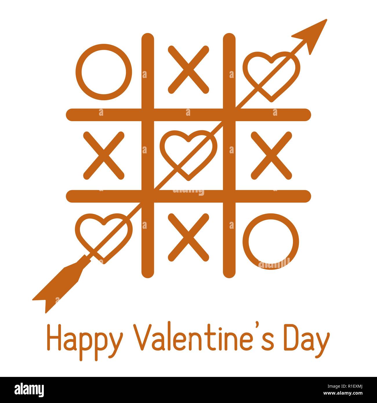 Vector illustration of tic-tac-toe game with hearts and arrow. Happy