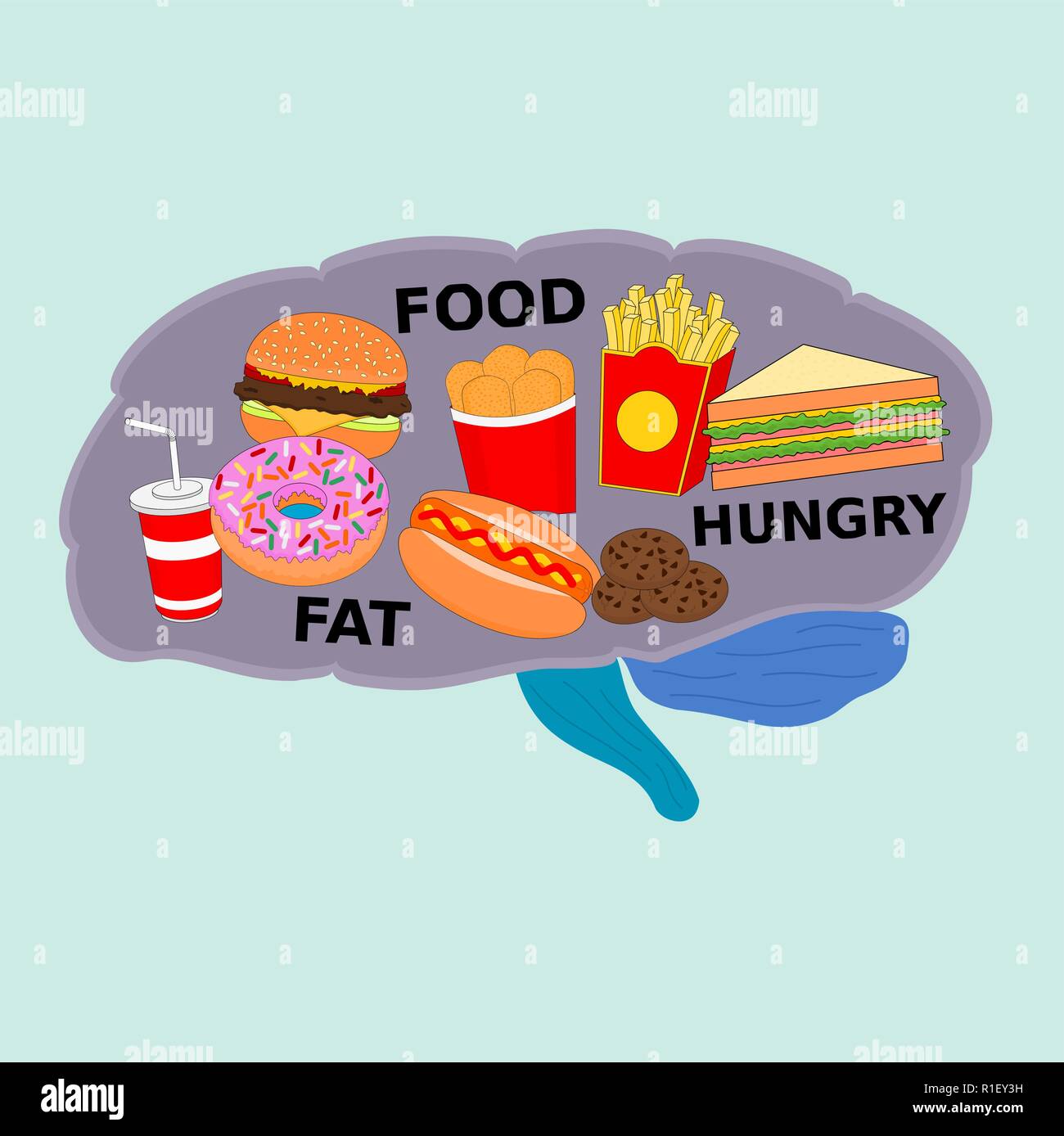 Brain organ display delicious fast food menu with hot dog , sandwich and burger etc. Stock Vector