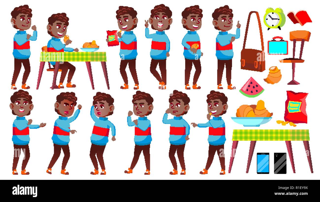 Boy Schoolboy Kid Poses Set Vector. Black. Afro American. High School ...