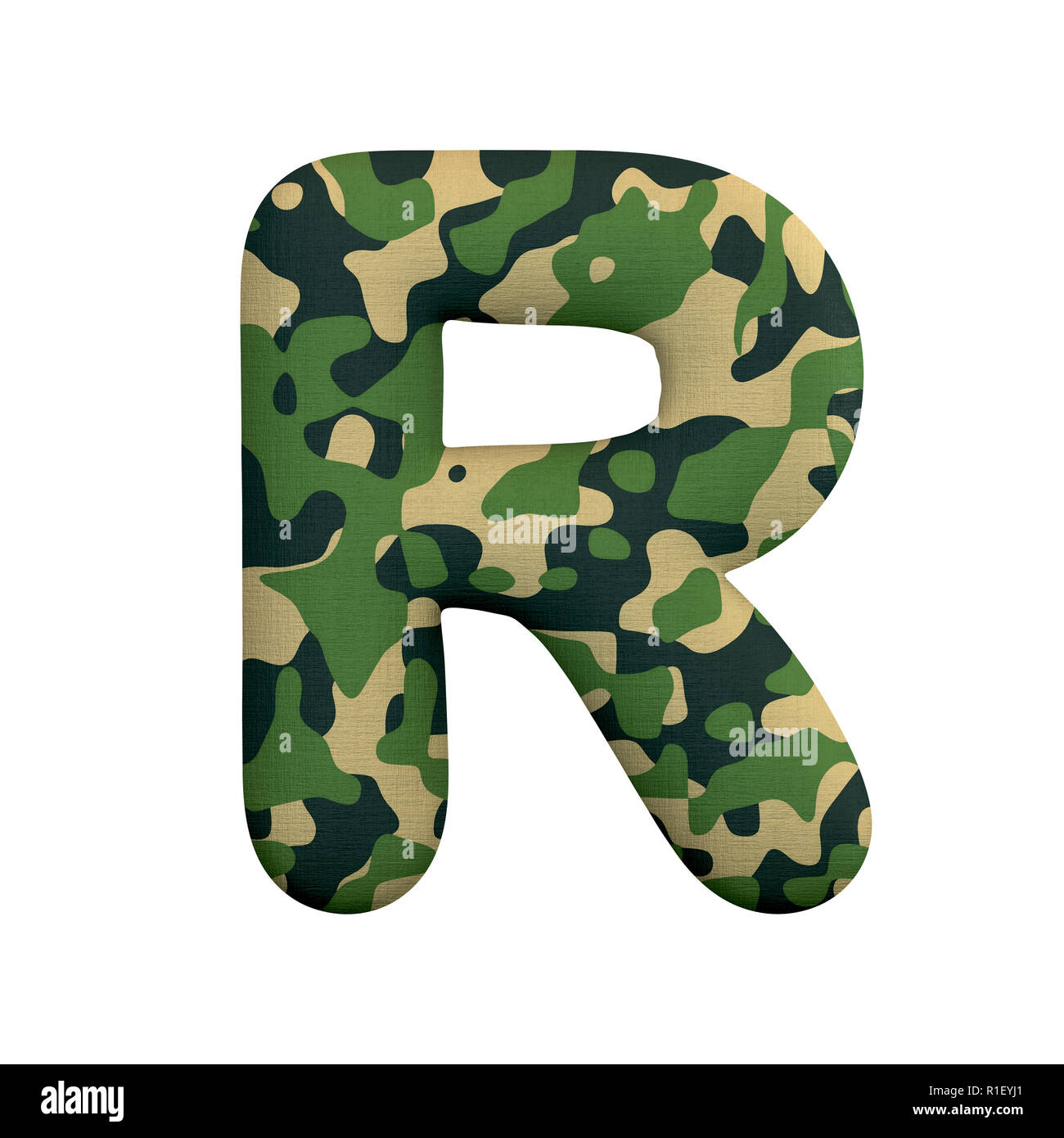 Army letter R Capital 3d Camo font isolated on white background. This