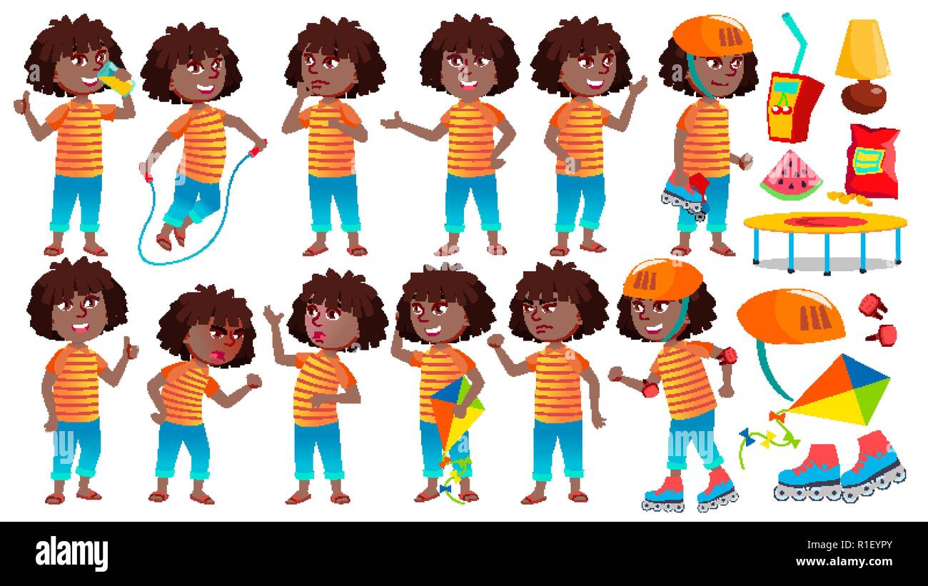 Girl Schoolgirl Kid Poses Set Vector. Black. Afro American. High School ...