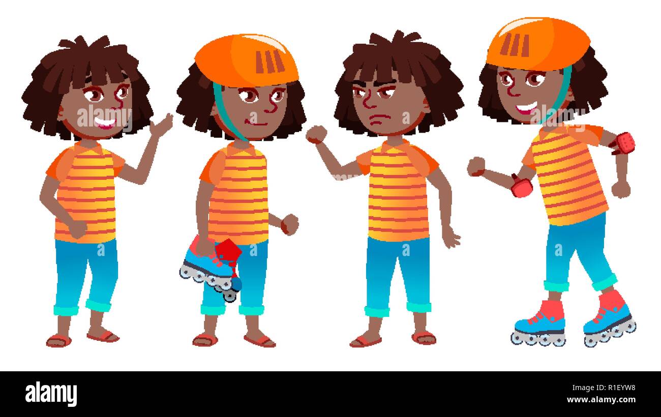 Girl Schoolgirl Kid Poses Set Vector. Black. Afro American. High School ...