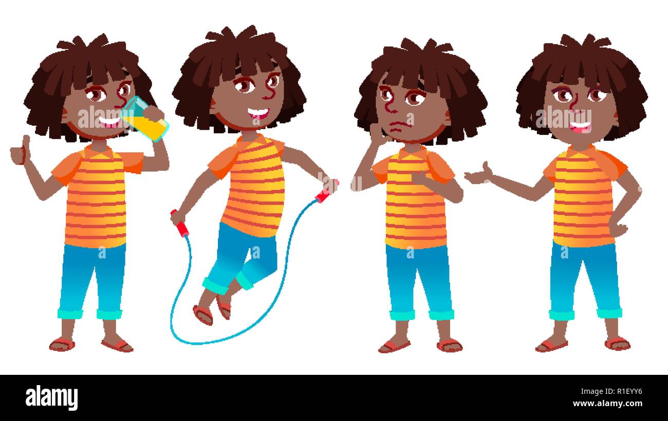 Girl Schoolgirl Kid Poses Set Vector. Black. Afro American. High School ...
