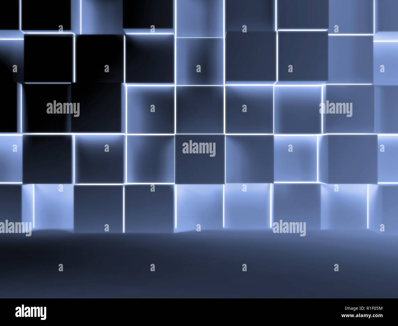 Abstract digital background with dark blue glowing cubes installation ...