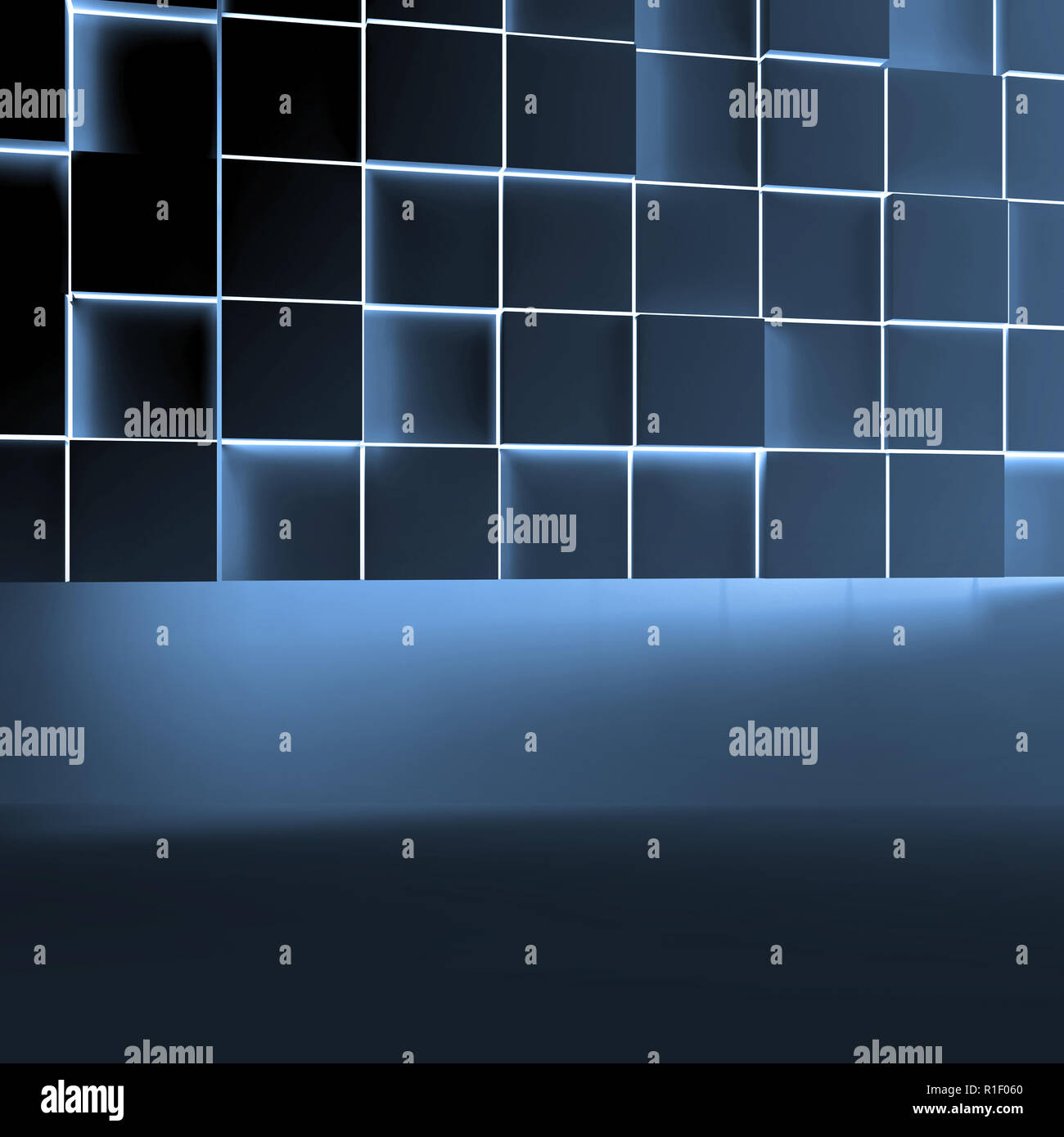 Abstract dark square background with blue glowing cubes installation ...