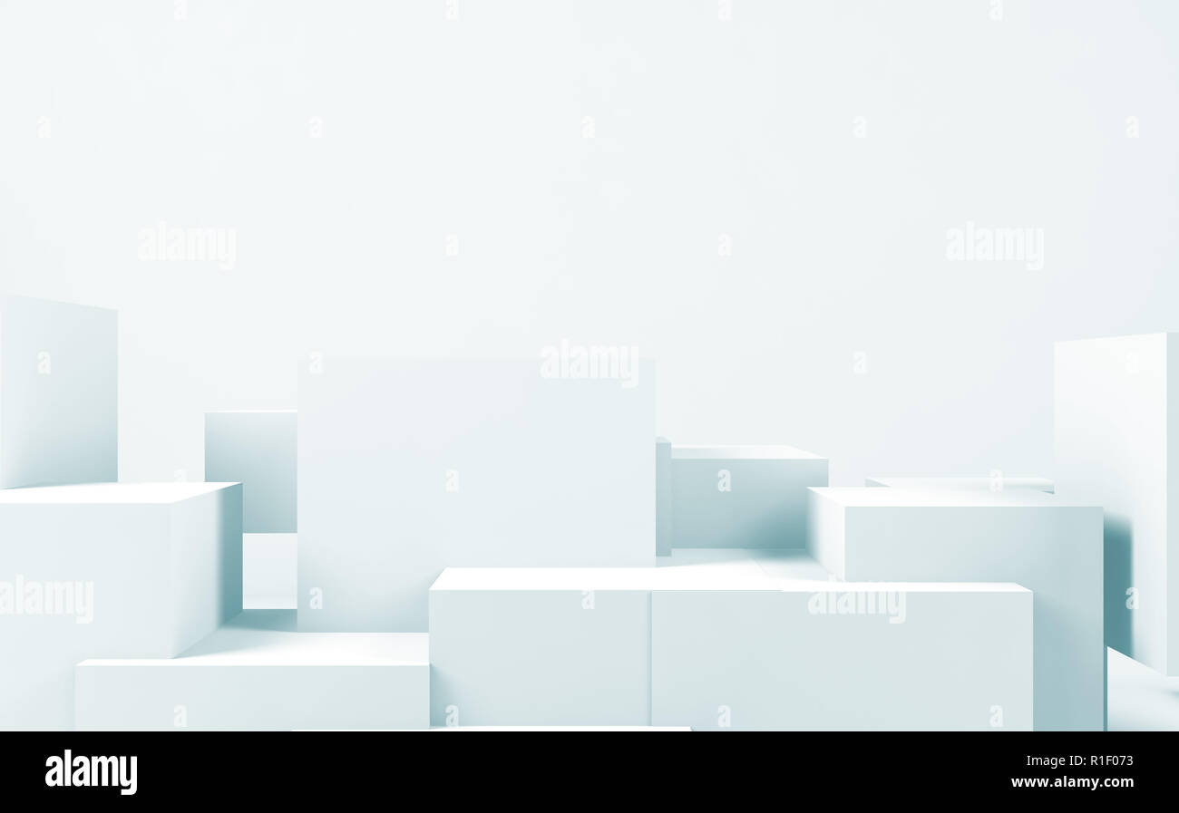 Abstract white background with random cubes installation, blue toned 3d ...