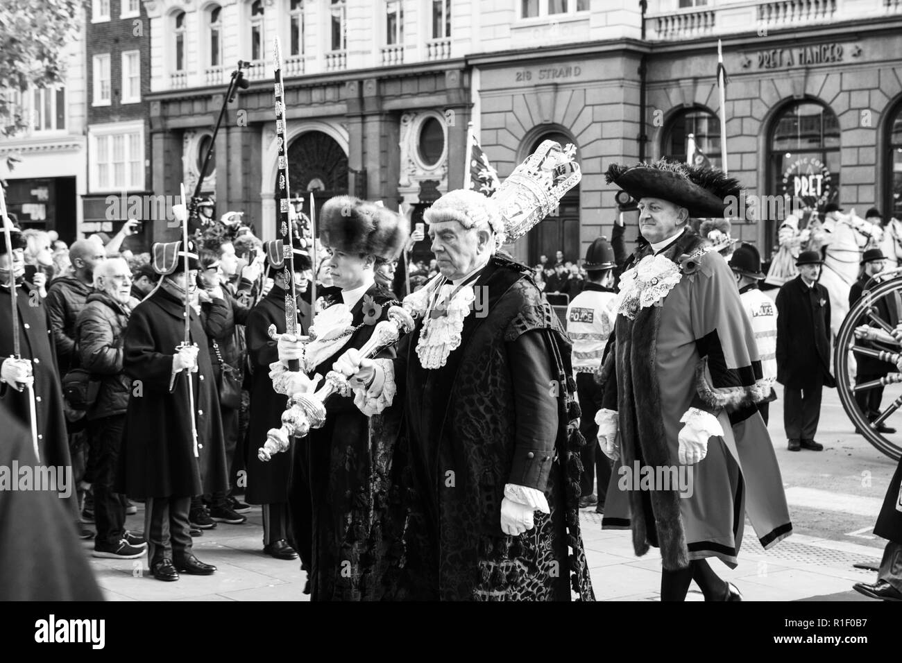 A day in the life of The Lord Mayor of London, Peter Estlin, at the Lord Mayors Show 2018, in the City of London. (Black and white, b&w) Stock Photo