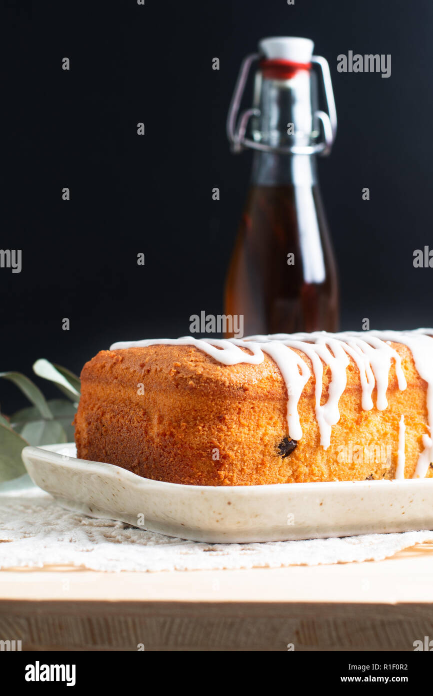 Food Concept Homemade loaf of vanilla rum raisin butter cake topping by