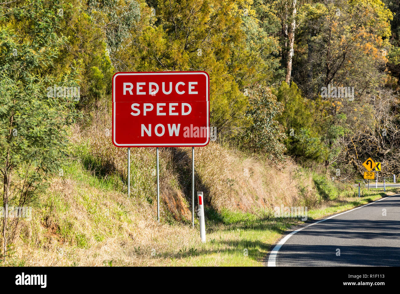 Reduce Speed Now Roadsign Stock Photo