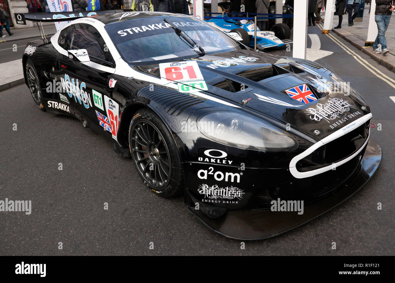 Three-quarter front view of an 2005, Aston Martin  DBR9 / 04,  racing car on display at the Regents Street Motor Show 2018 Stock Photo