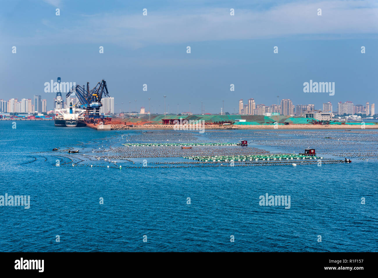 YANTAI, SHANDONG, CHINA - 21JUL2018: Bulk carrier, Winning Zephyr unloading Bauxite from Guinea, at the no. 318 Bauxite Berth in West Yantai Port Stock Photo