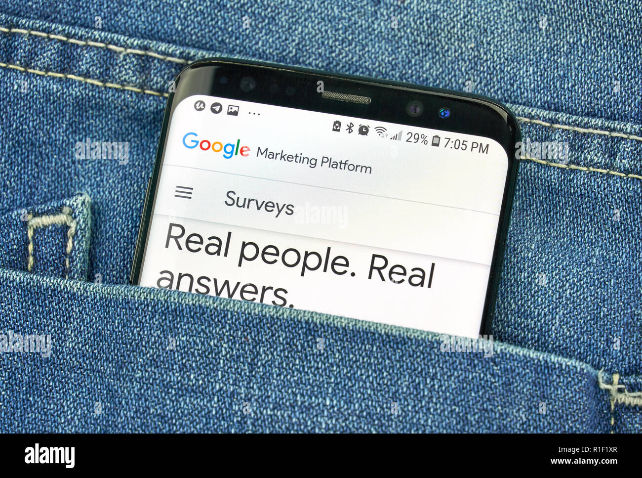 MONTREAL, CANADA - OCTOBER 4, 2018: Google Surveys app on s8 screen. Google is an American technology company which provides a variety of internet ser Stock Photo