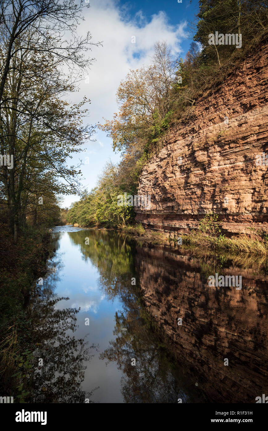 Old Red Devonian sandstone cliffs beside Jedwater river in Jedburgh, Scottish Borders UK - rocks helped make James Hutton the 'father of geology' Stock Photo
