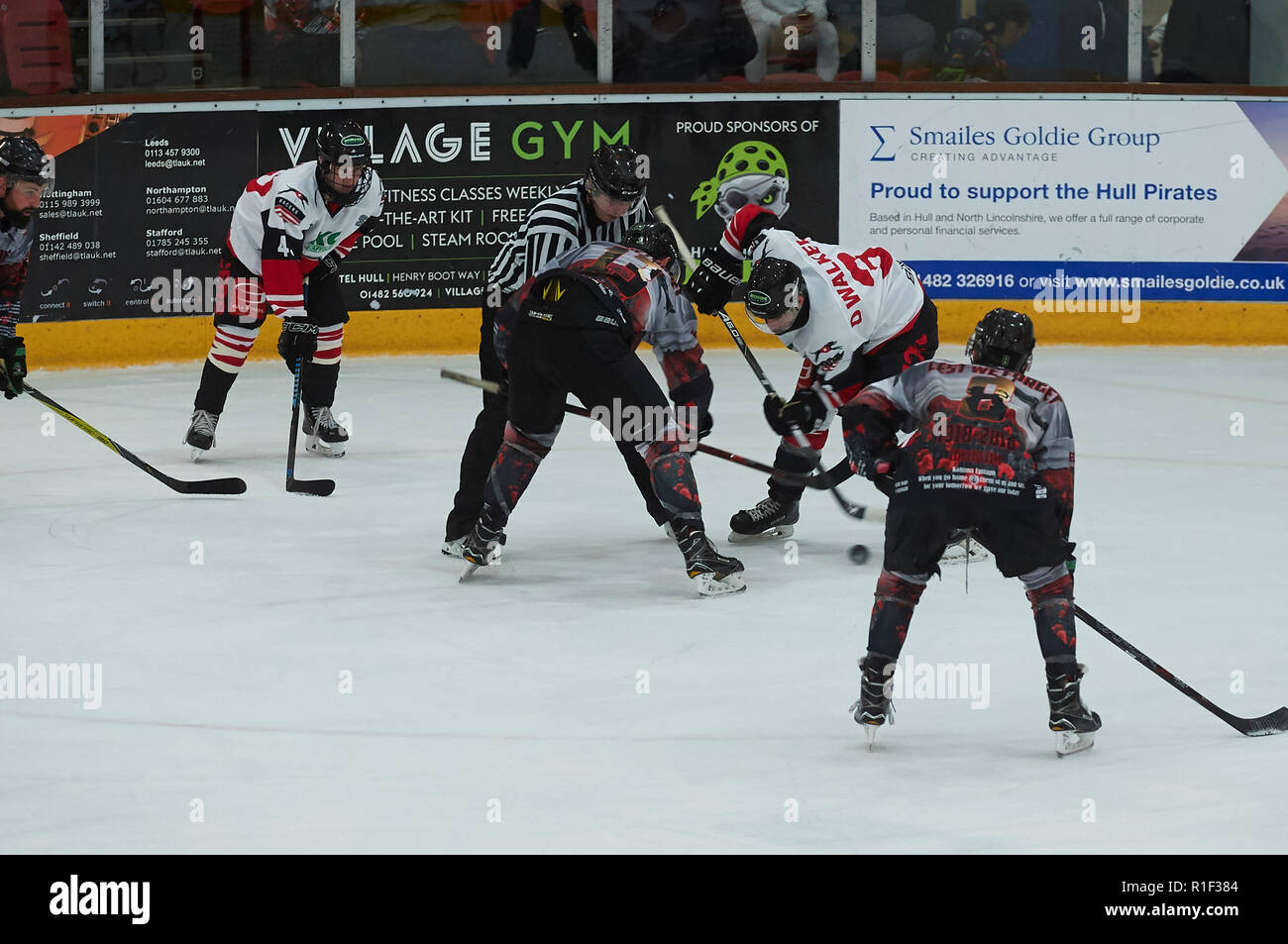 Face off during an Ice Hockey match at the Hull Pirates Ice Arena, Hull