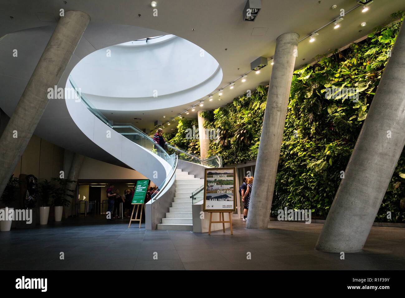 PRAGUE, CZECH REPUBLIC - MAY 19 2018: Vertical garden indoors, living green wall with flowers and plants under artificial lighting on May 19, 2018 Stock Photo