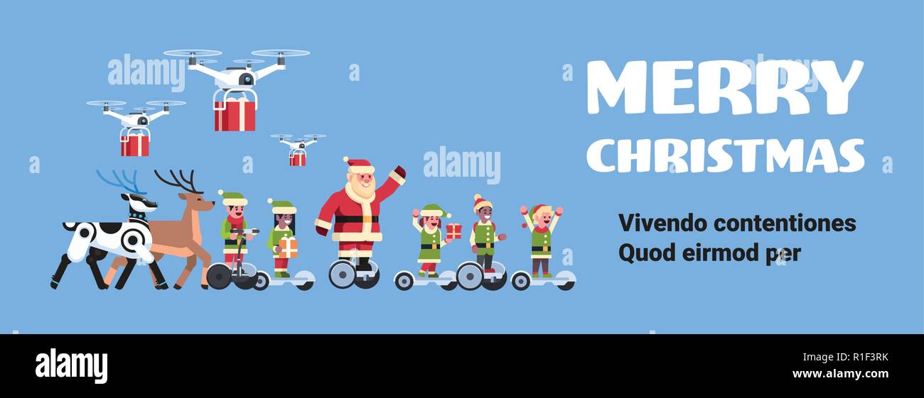 santa claus elf ride electric scooter drone present delivery service robotic deer artificial intelligence christmas holiday new year concept flat horizontal copy space Stock Vector