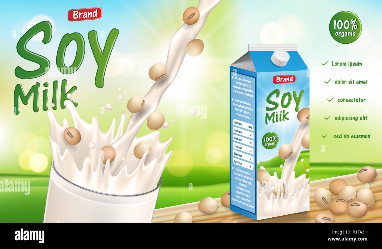 Soy milk with splash isolated on sunny bokeh background. Paper carton organic milk products package design. 3d Vector illustration Stock Vector