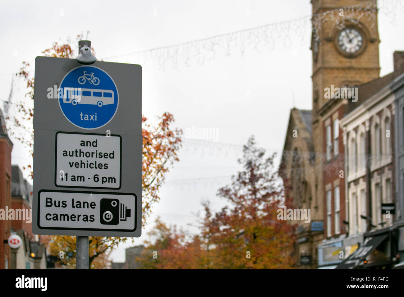 A bus lane signs in Preston City Centre. The lane restricted to buses