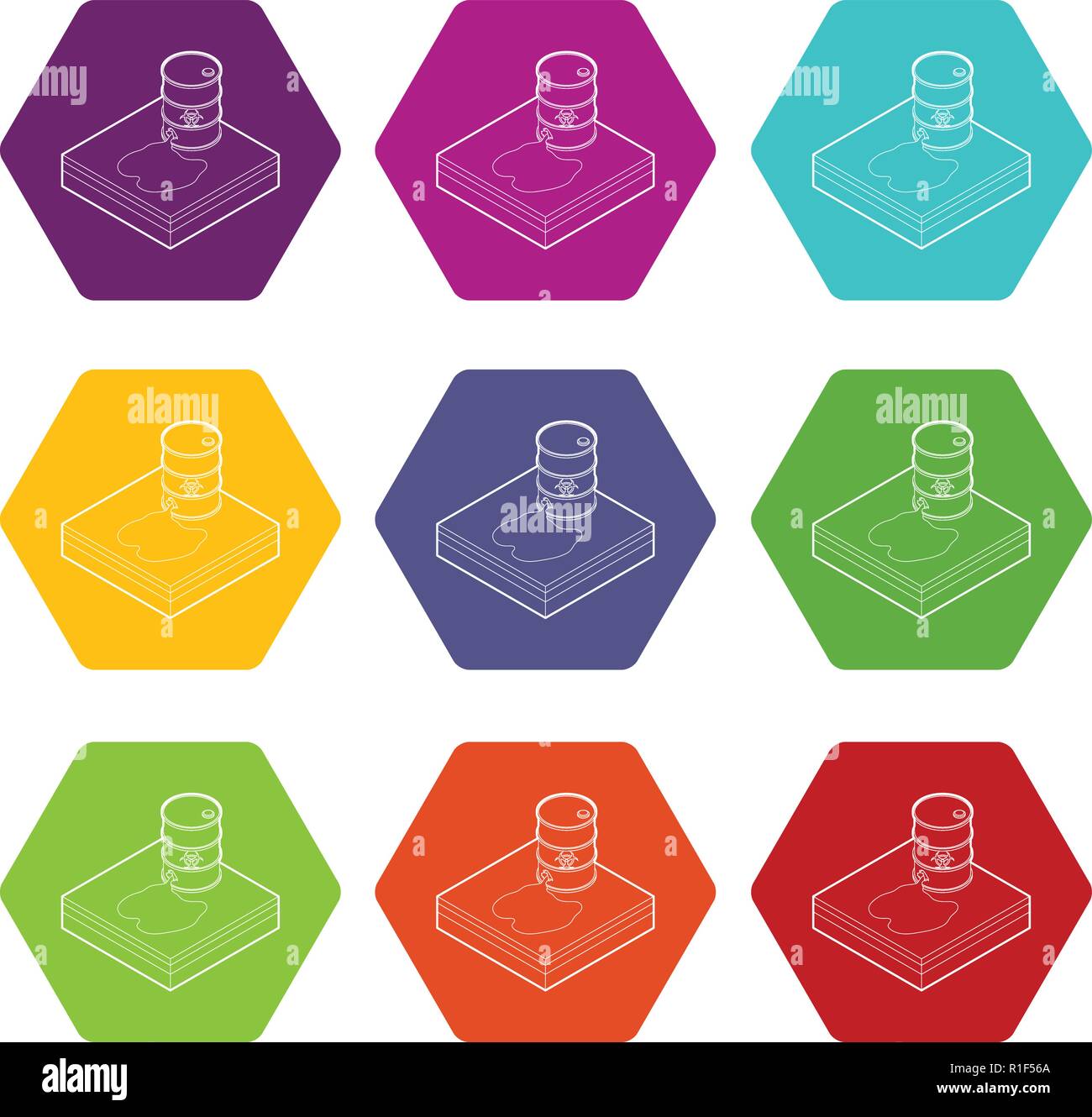 Toxic waste spilling from barrel icons set 9 vector Stock Vector