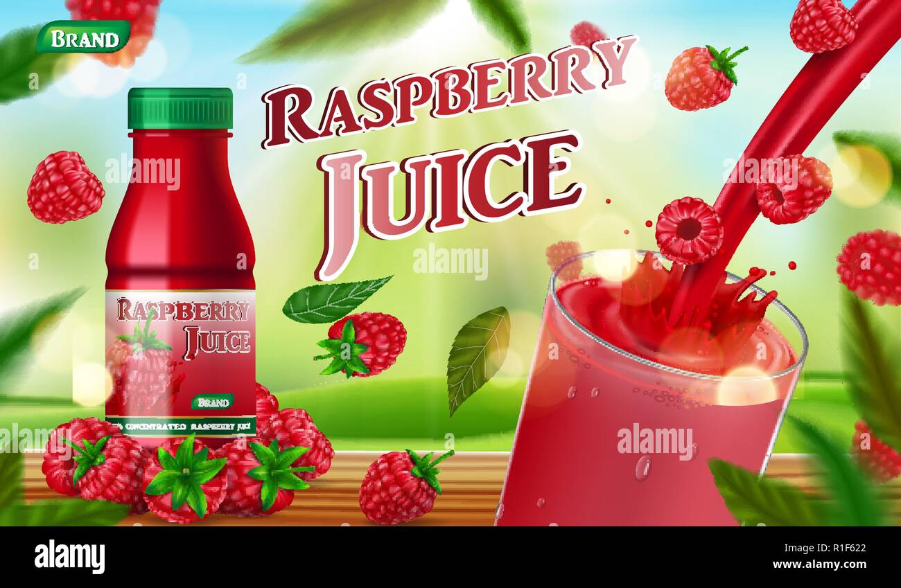 Raspberry juice bottle with splash on wooden table. fruit juice