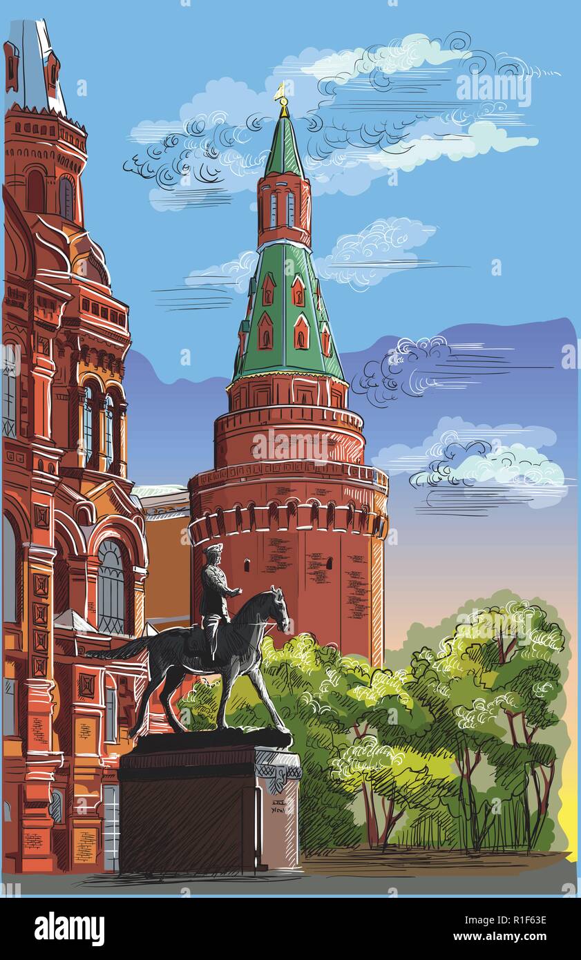 Cityscape of Kremlin tower, State Historical Museum and Monument to Marshal Zhukov (Red Square, Moscow, Russia). Colorful isolated vector hand drawing Stock Vector