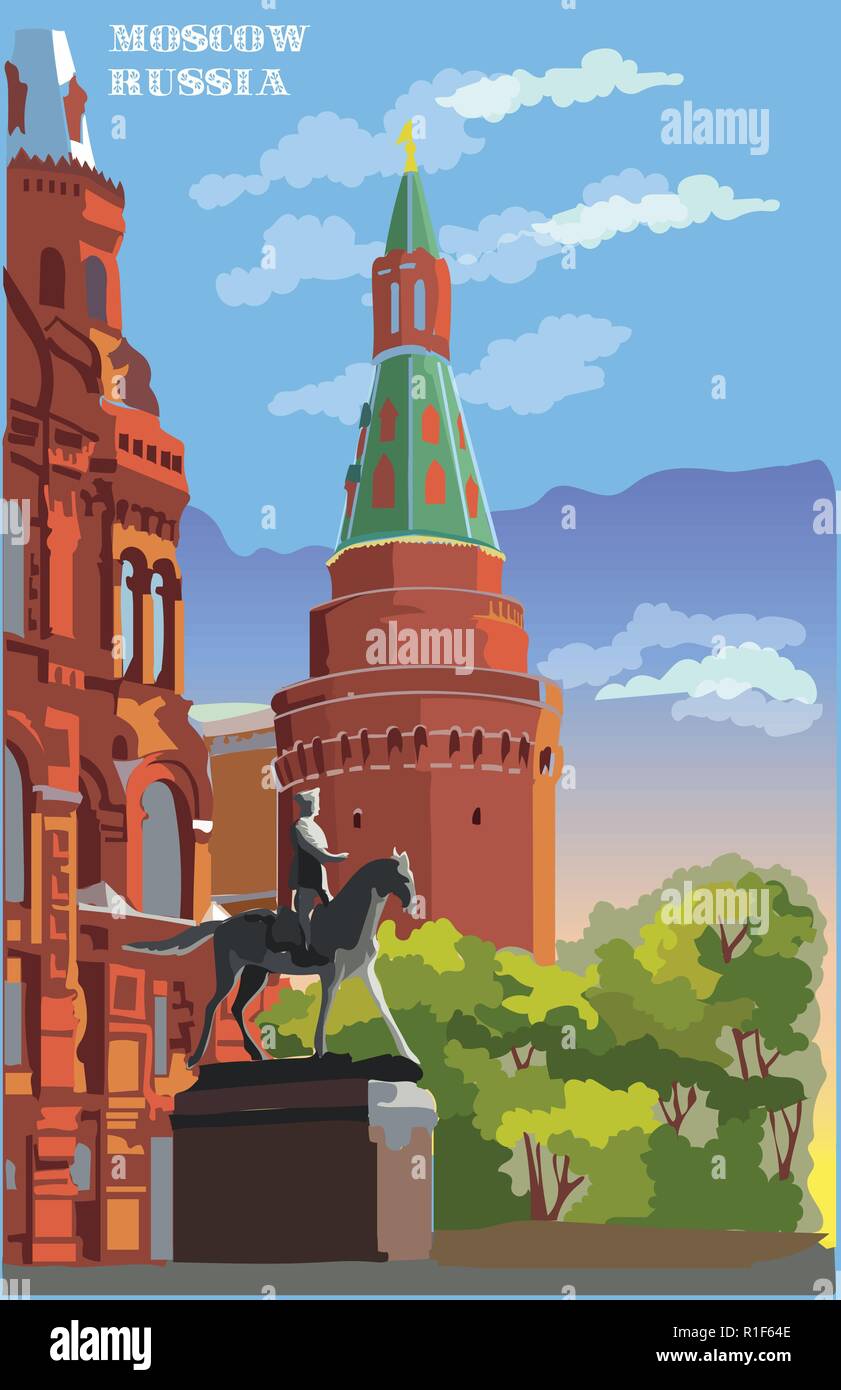 Cityscape of Kremlin tower, State Historical Museum and Monument to Marshal Zhukov (Red Square, Moscow, Russia) colorful isolated vector illustration. Stock Vector