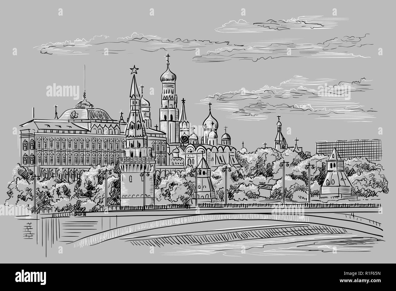Cityscape of embankment of Kremlin towers and bridge across Moscow river (Red Square, Moscow, Russia) isolated vector hand drawing illustration in bla Stock Vector