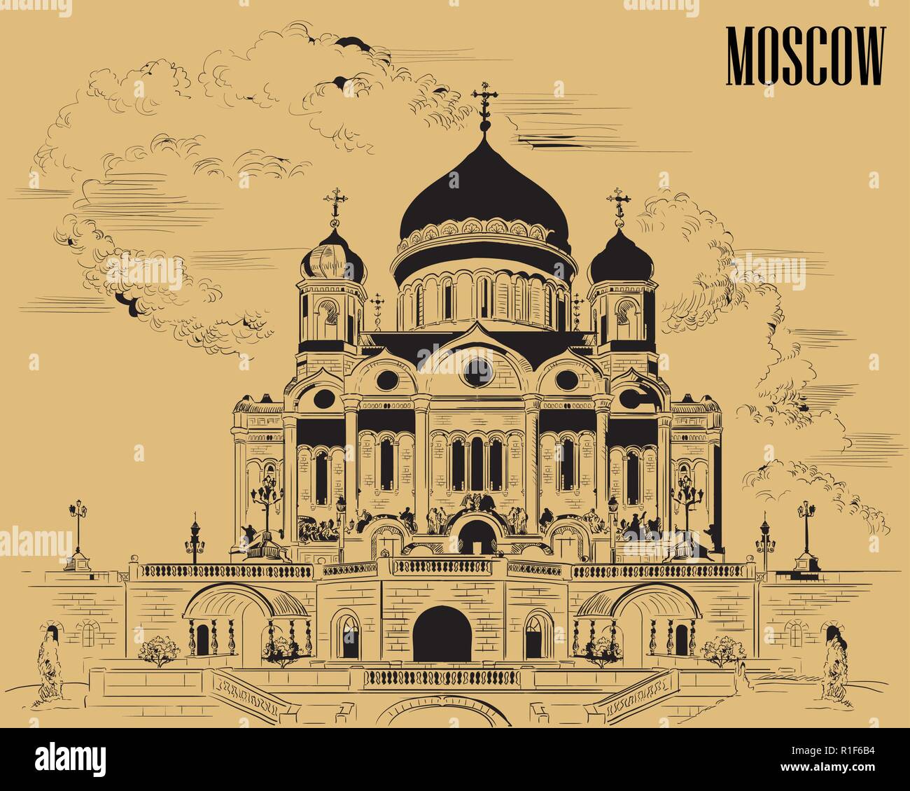 Cityscape of Cathedral of Christ the Saviour (Moscow, Russia) isolated vector hand drawing illustration in black color on beige background Stock Vector