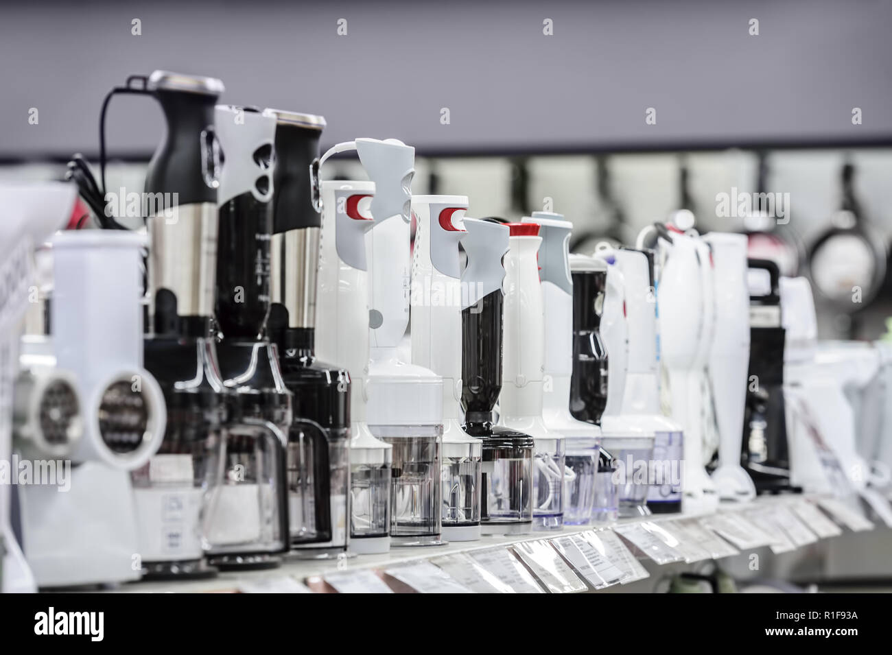 row of variety blenders in retail store Stock Photo