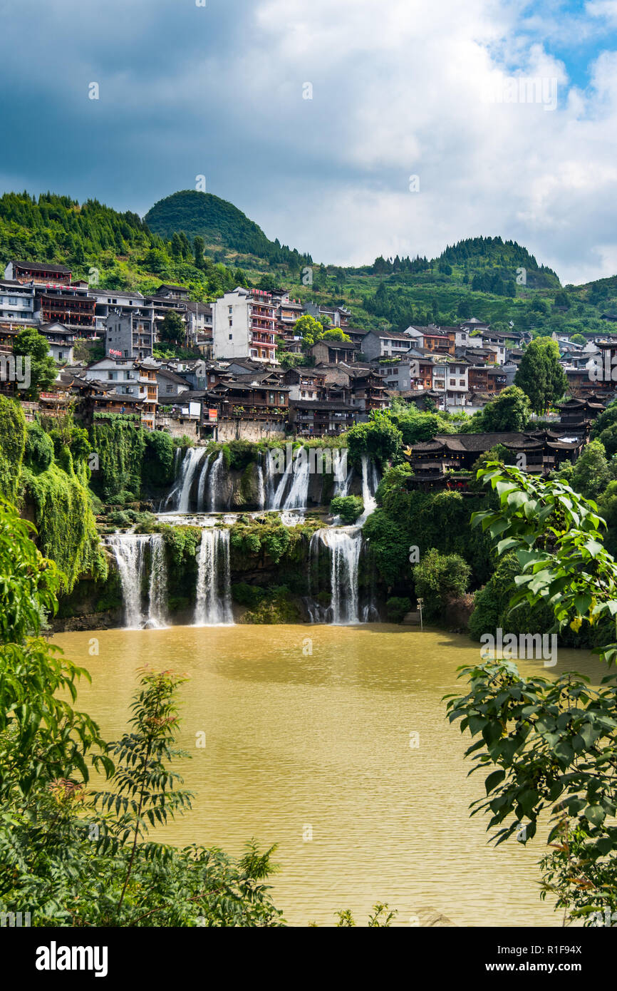 FURONG, HUNAN, CHINA, 10JUL2018: The Wangcun Waterfall at Furong Ancient Town Stock Photo