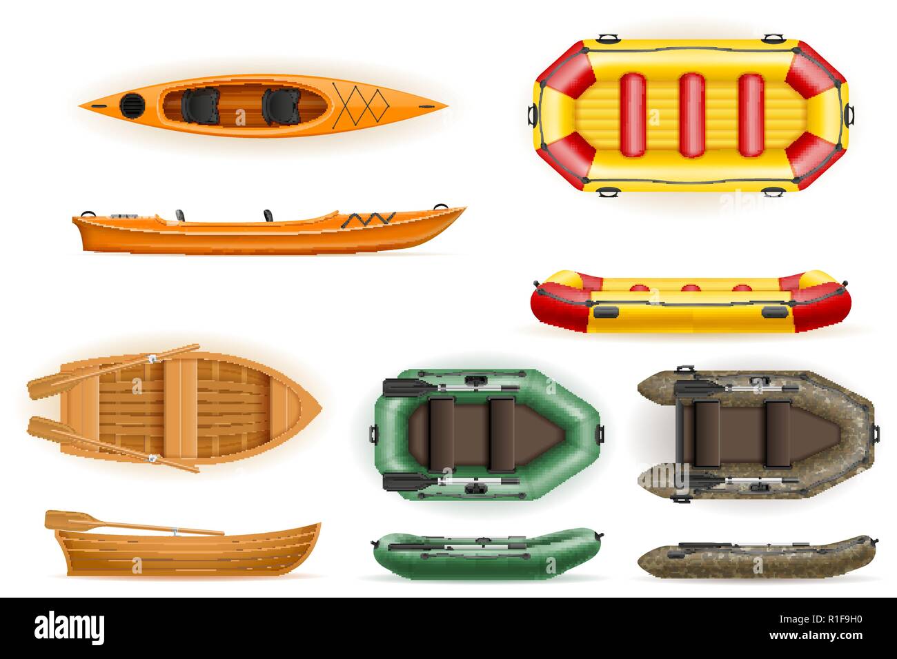 set rowing boats made of plastic wooden and inflatable vector ...