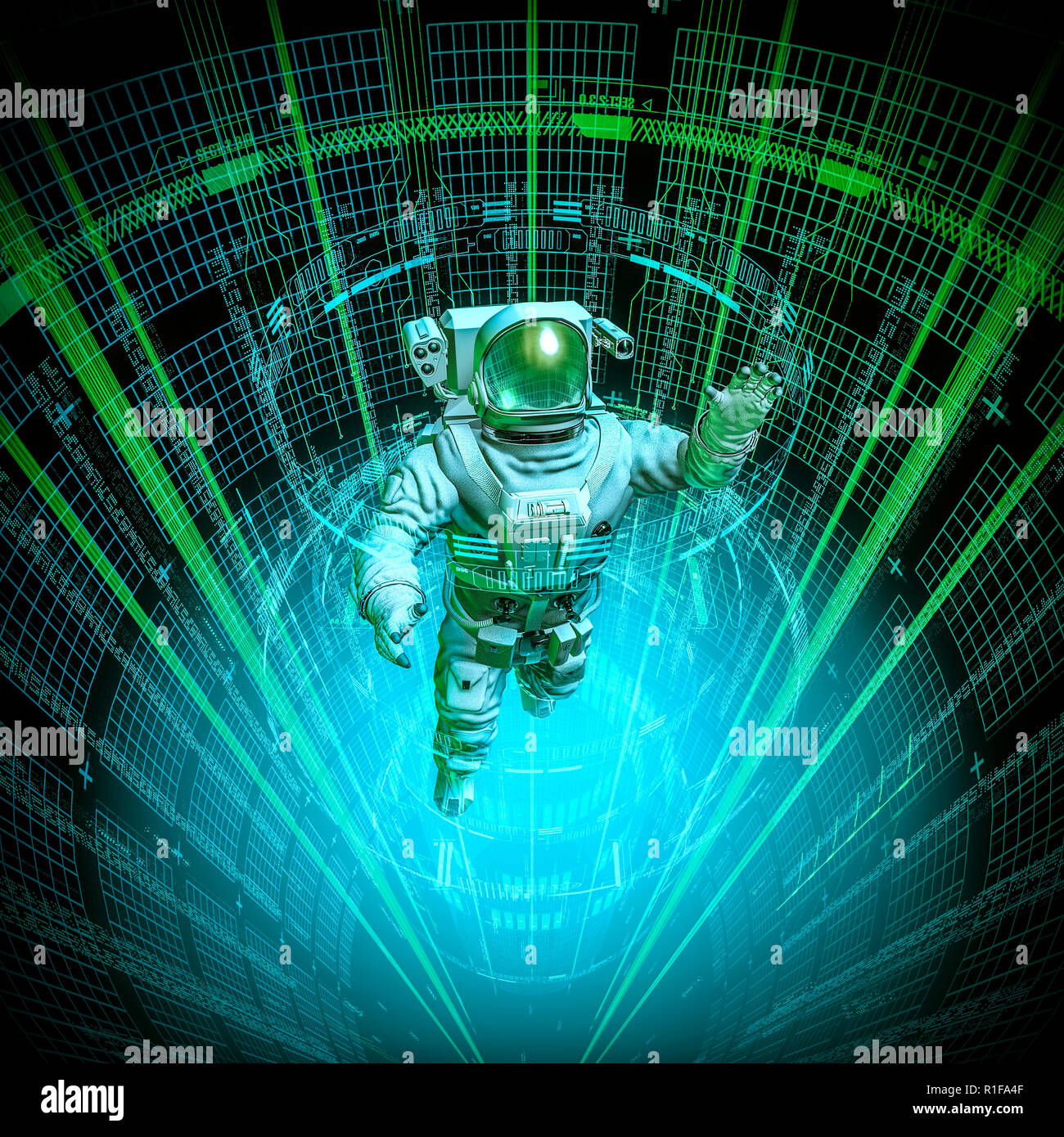 Virtual data core astronaut / 3D illustration of astronaut in space suit floating up through glowing virtual data Stock Photo