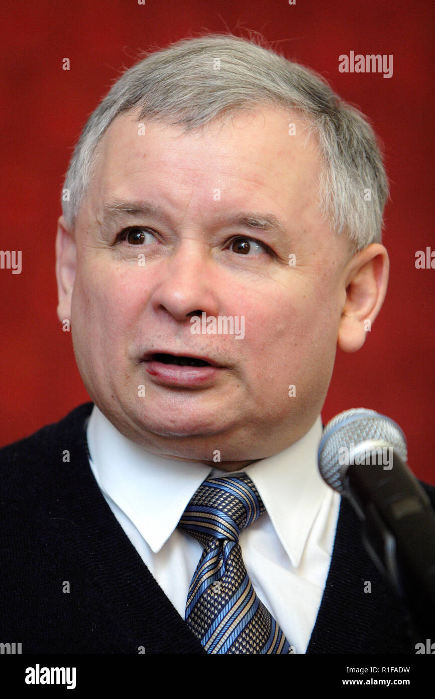 Warsaw, Mazovia / Poland - 2007/02/10: Polish Prime Minister Jaroslaw Kaczynski, leader of the Law and Justice party PiS, during an official meeting w Stock Photo