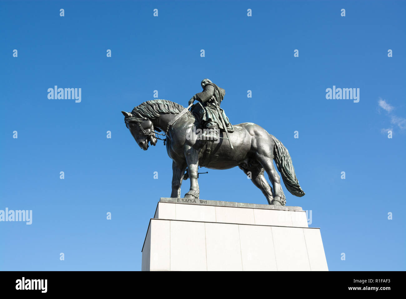 Monument to Jan Zizkov in Prague, Czech Republic, on a clear summer day, depicting a statue of a strong medieval warrior on a horse Stock Photo