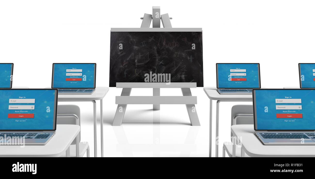 Seminar Concept Empty Classroom With Desks And Laptops And