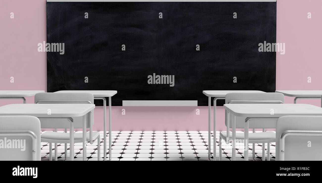 Education Concept Blackboard In Empty Classroom With White Desks