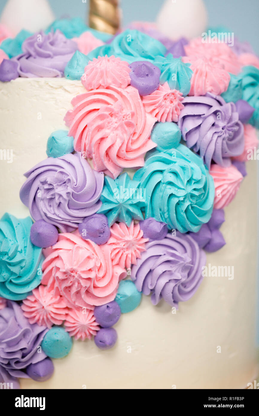 wallpapers Pink And Blue Cake Frosting https www alamy com gourmet unicorn cake with pink and purple buttercream frosting on blue background image224687450 html