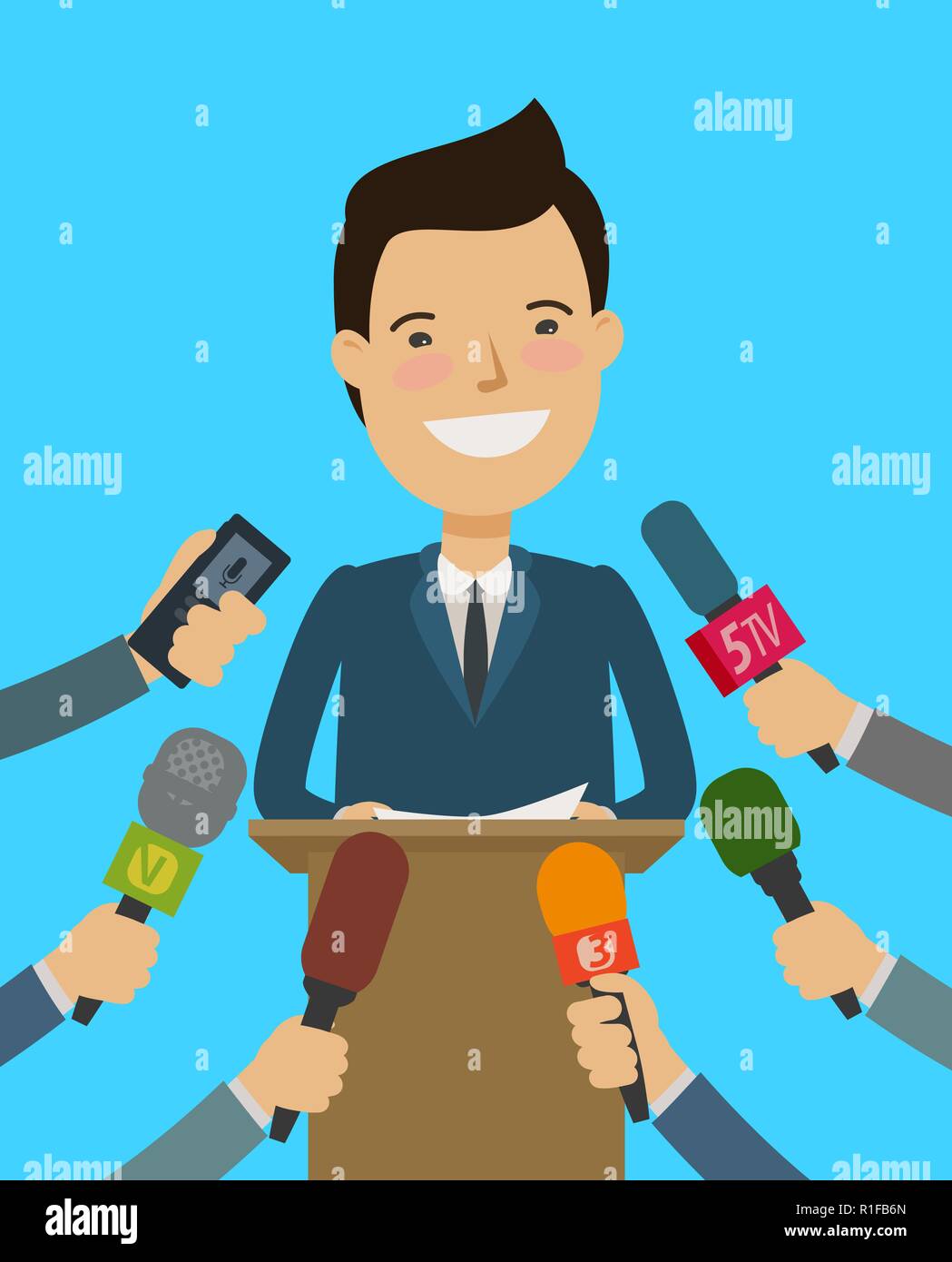 Press Conference. Public speaker, interview with journalists. Cartoon vector illustration Stock Vector
