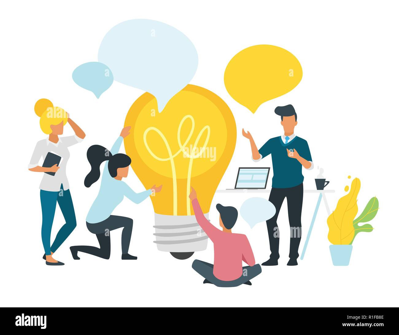 Problem solving concept with business people talk and communicate around big light bulb. Social networking concept. Modern office workspace. Minimalis Stock Vector